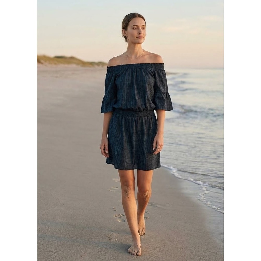 PrAna Lenora Smocked Drop-Waist Off-the-Shoulder Dress Womens L Black Speckled